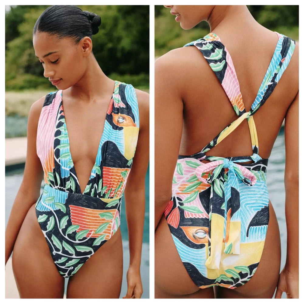 Anthropologie Carla Petelski x Celandine Plunge Shirred One-Piece Swimsuit | S - Picture 1 of 7